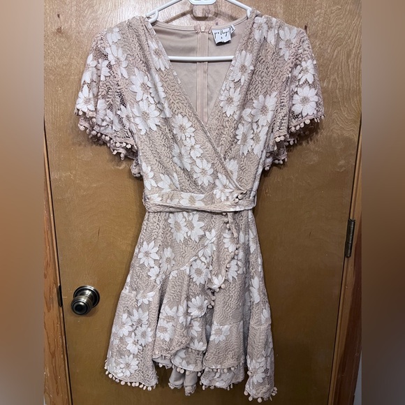 Princess Polly Dresses & Skirts - Princess Polly Floral Lace Faux Wrap Dress in Cream